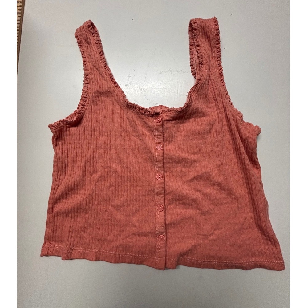Eyeshadow Women Coral Pink Ribbed Button Front Crop Tank Top Medium